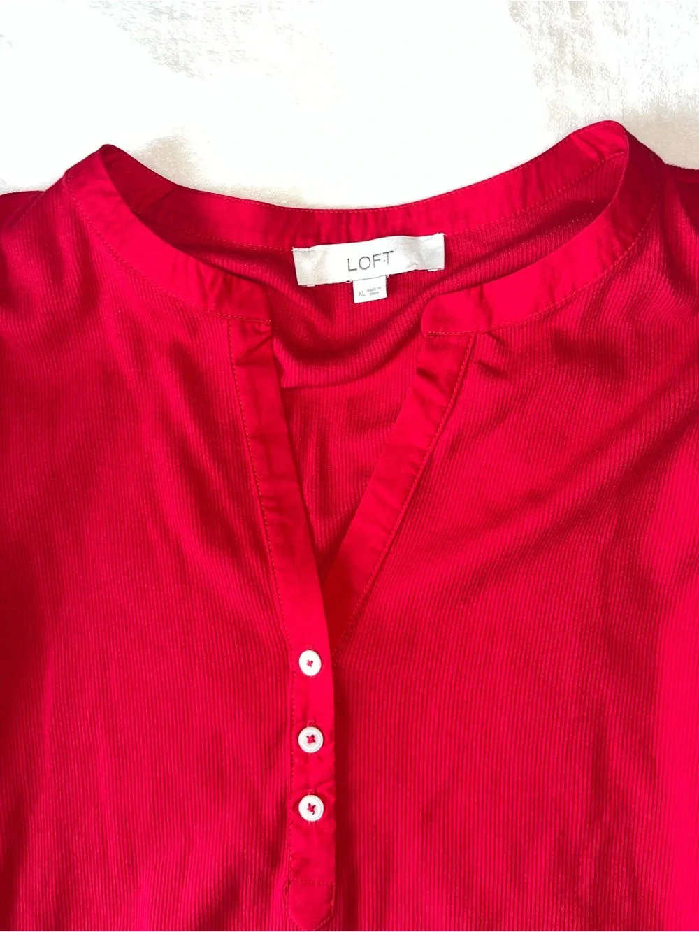 LOFT Red Henley Top with Plaid Puff Sleeves Mixed Media V Neck Buttons Sz XL